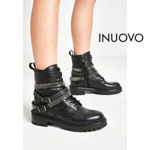 Inuovo Women’s Black Lace Up Booties Lottie strap Side Zip Ankle Boots